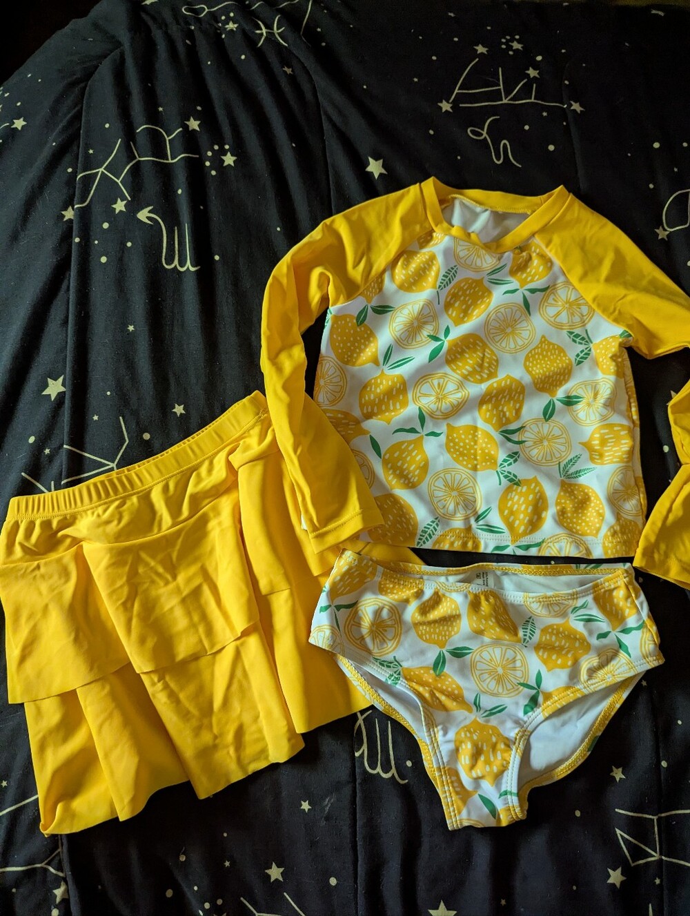 Girls Swimsuit UV Long Sleeve 3 Piece Shirt Skirt Bikini Bottoms Lemons New W/O